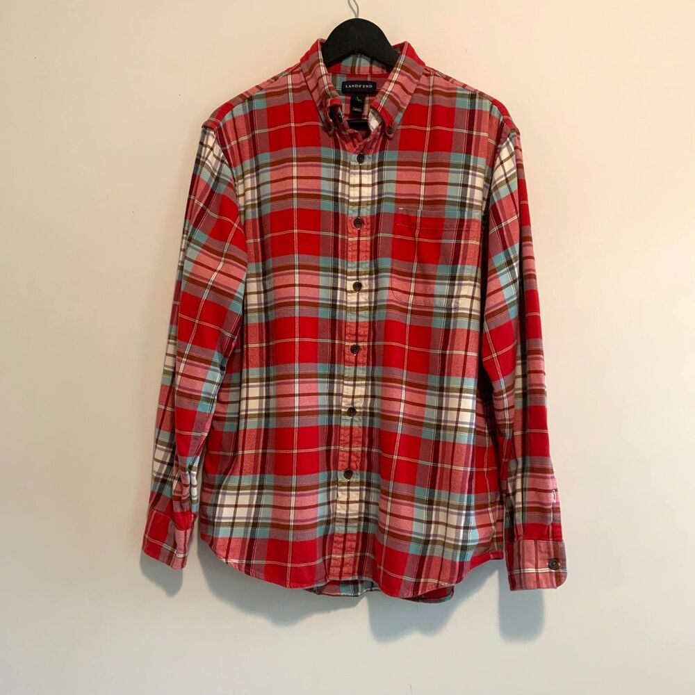 Lands End Mens Red Plaid Button Down Shirt Long Sleeve Cotton Shirt L‎